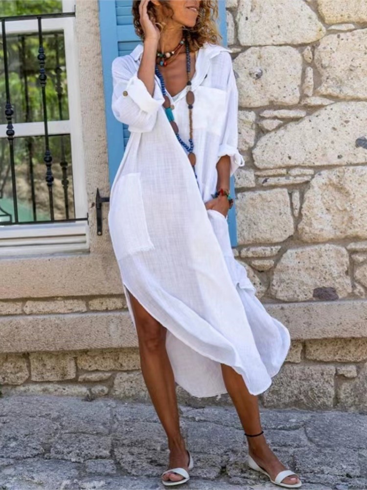 Casual Loose Linen Shirt Dress - White Women's Shirt Dress Solid Color