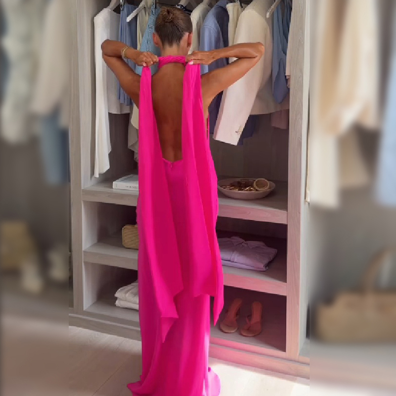 Women Halter Satin Maxi Dress  - огляд і ціна Elegant Satin Evening Gown Split