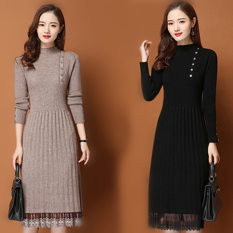 Lace Hem Buttons Women Autumn  - огляд і ціна Bodycon Long Sleeve Ribbed Dress