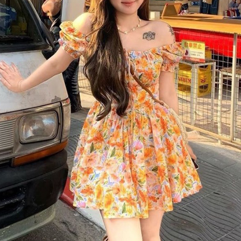 Hotsale Orange Floral Print Of - огляд і ціна Off Shoulder Puff Sleeve Sundress